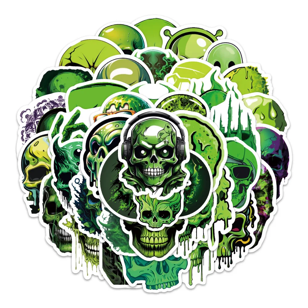 

10/50PCS Horror Green Skull Sticker Decorative Bicycle Luggage Car Skateboard Motorcycle Helmet Desk Waterproof Sticker Toys