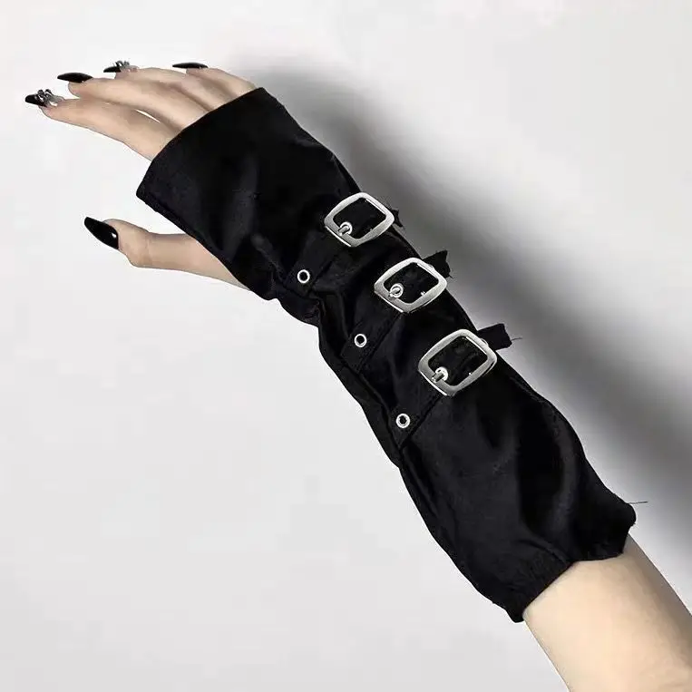 Luvas góticas sem dedos com fivela de metal, luvas longas sem dedos, meia-dedo do punk Oversleeve, aquecedor de braço, Lolita Cosplay, gótico, manga preta, Y2K