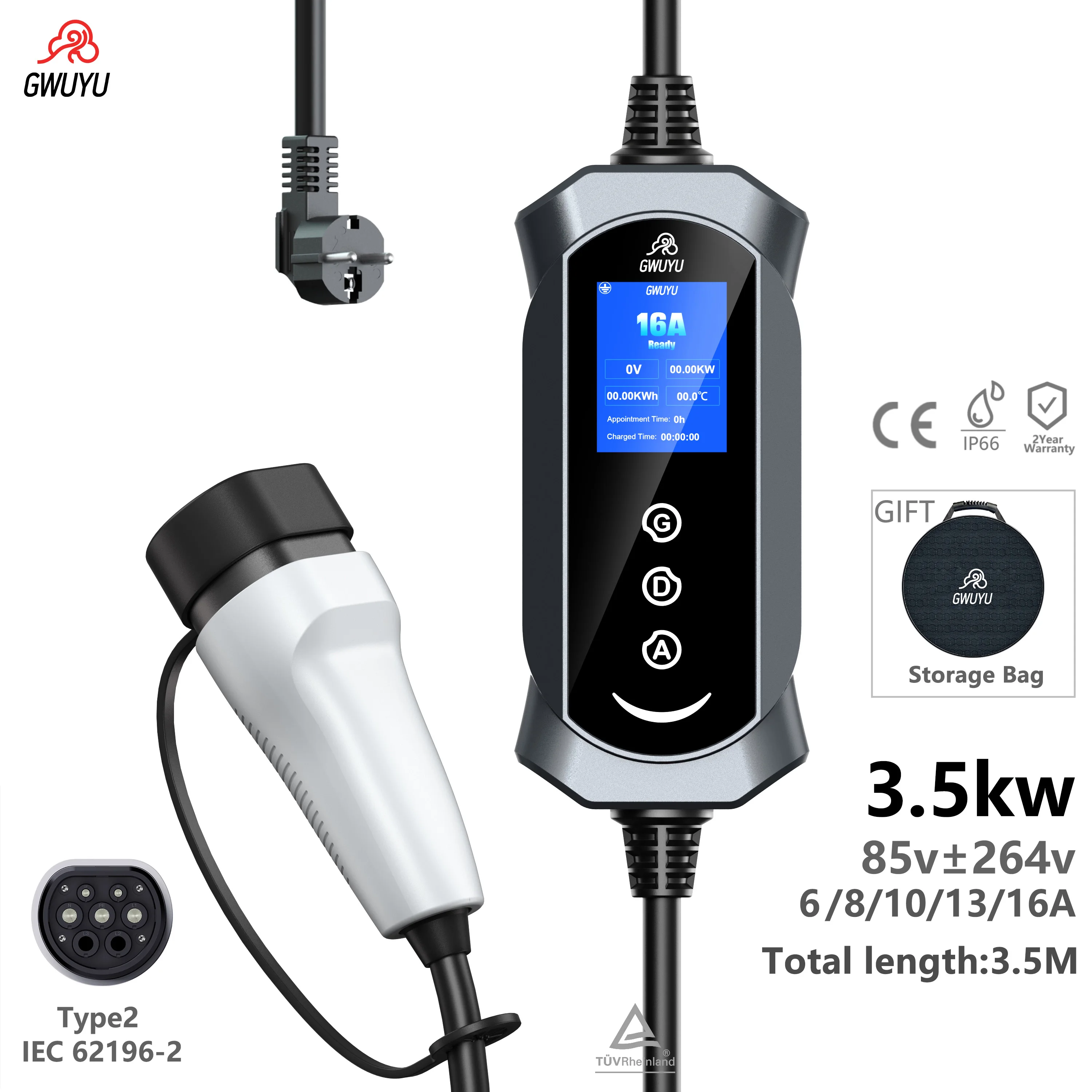 GWUYU EV Tragbares Ladegerät Typ 2, Drei-Tasten-Bedienung, Einstellbar 6/8/10/13/16A, 3,5kW LCD-Display, 3,5M Kabel, Schuko-Stecker, IP66 EV-Ladegerät für EV- und PHEV-Fahrzeuge