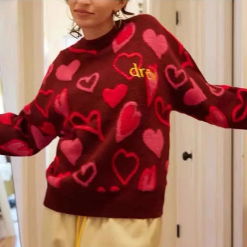 Drew House Premium Quality Embroidered Letter Heart Jacquard Knit Sweater Retro Oversized Casual Unisex Sweater