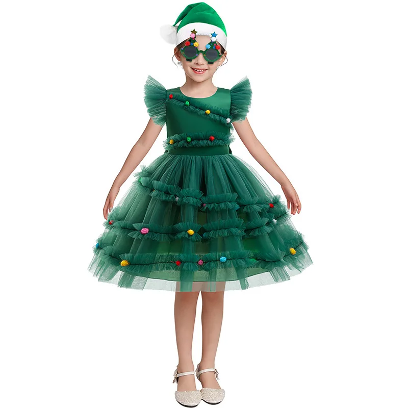 

Xmas Girls Princess Dress Green Christmas Tree Mesh Dress For Kids Flower Ruffles Party Birthday Wedding Evening Prom Costumes