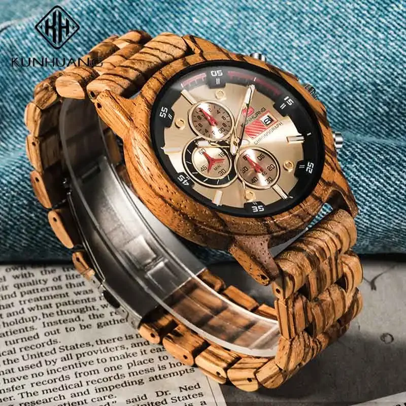 KUNHUANG Bestseller Herren-Quarzuhr Luxuriöse Hochwertige Japan-Uhrwerk Natürliche Holz-Handgefertigte Uhr Chronograph Holzuhr