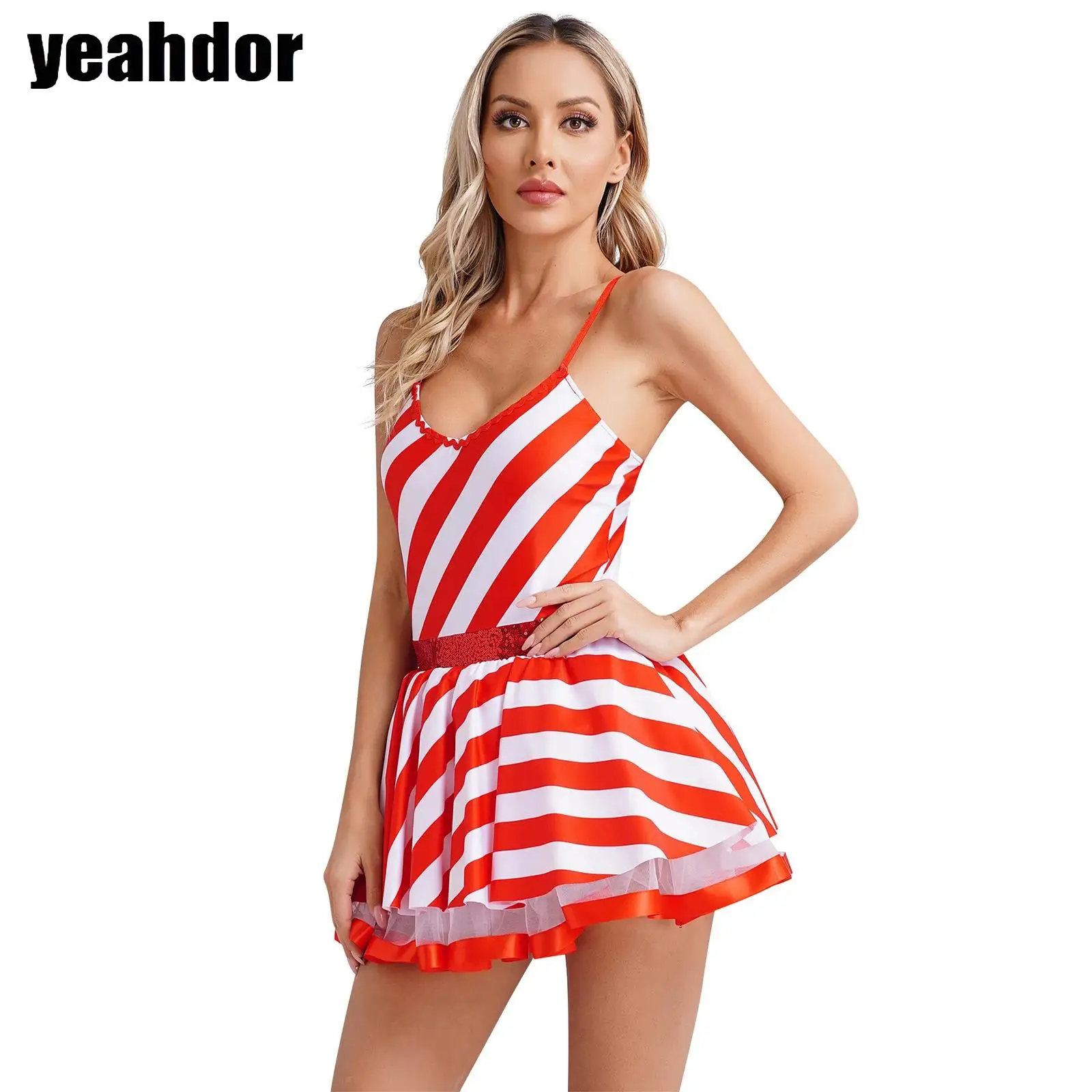 

Women Christmas Candy Cane Dress Sleeveless Sequin Striped Leotard Tutu Dress Ballet Figure Skating Bodysuit Santa Claus Costume