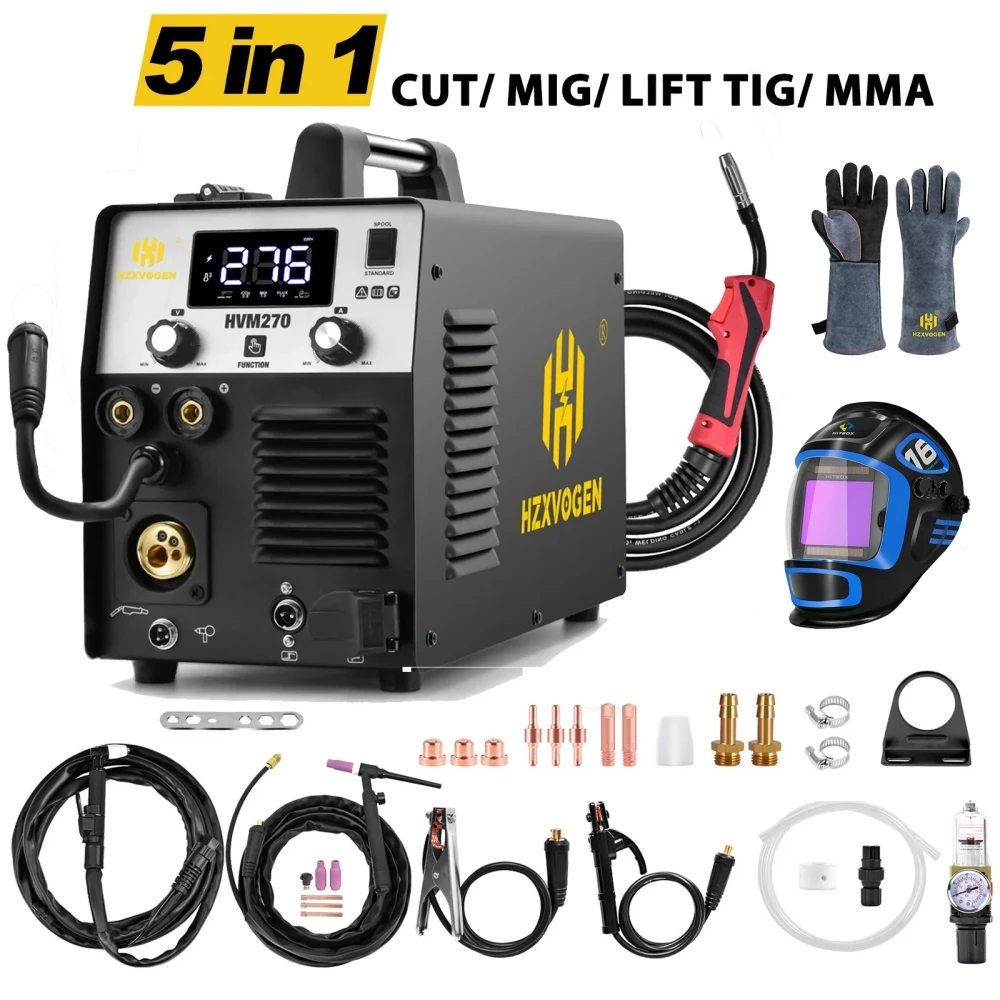 HZXVOGEN 270A 6 in 1 Aluminum Welding Machine Cut/Gas MIG/Gasless MIG/HF TIG/MMA Digital Screen 2T 4T Inverter Welder Stainless