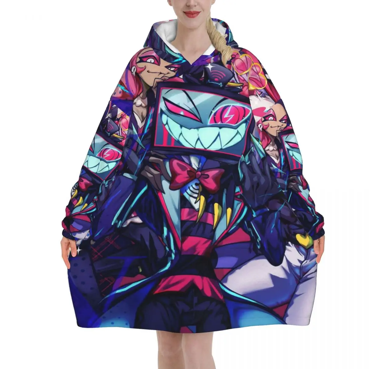 

Hazbin Hotel Season 2 Oversized Blanket Hoodie Sweatshirt Long Fleece Hooded Wearable Blanket with Large Pocket for Women Men
