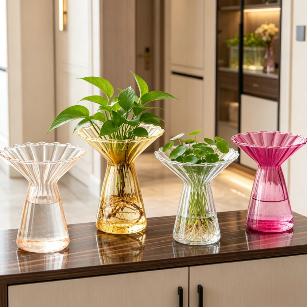 Simple Avocado Tulip Bulbs Hydroponic Glass Vase Colorful Vertical Striped Indoor Green Plant Pot Home Office Tabletop Decor