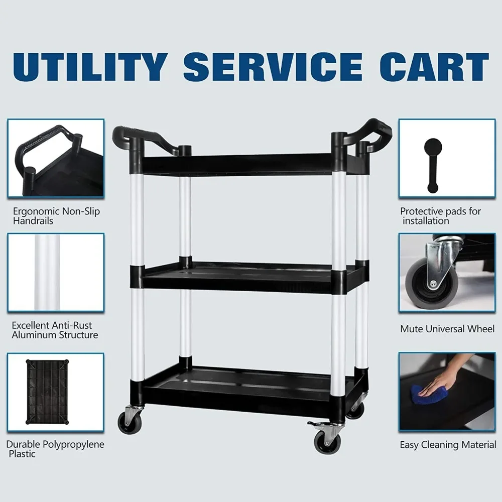 Service Cart with Wheels Lockable Large Size, Plastic Restaurant Cart Heavy Duty, Utility Commercial Cart for Office, Warehouse