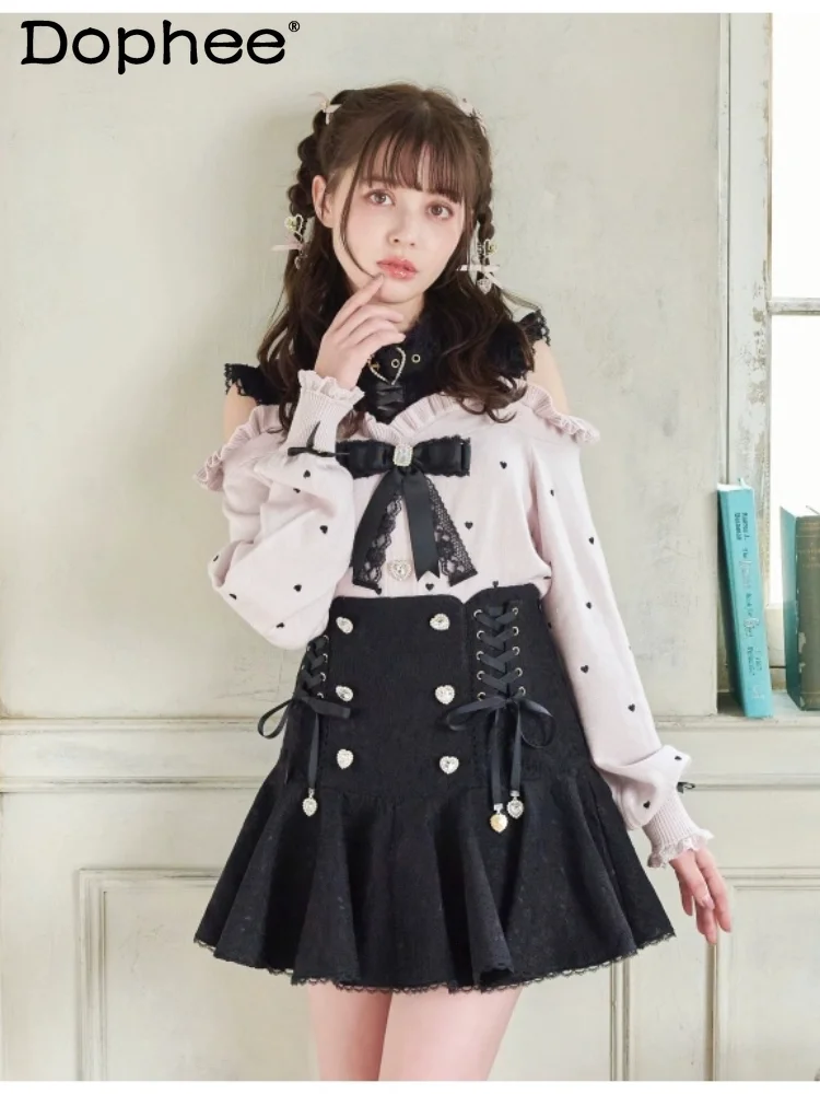 

Japanese Mine Three-Dimensional Lace High Waist Skirt Women Double-Breasted Lace-up Bow Skirt Lolita Clothes Black Lolita Skirt