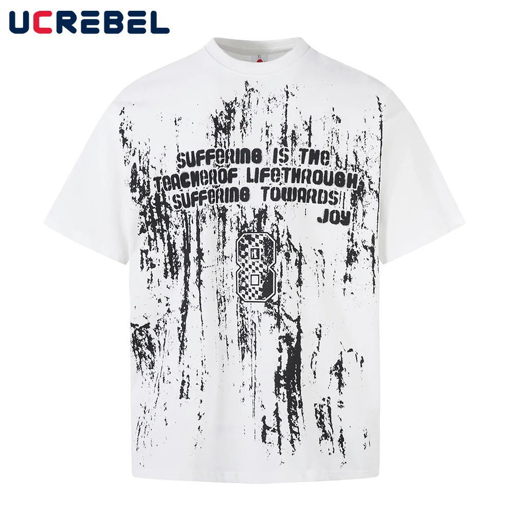 

Racing Letter Print Short Sleeve T-shirt Mens Double-sided Printed Summer High Street Crew Neck Cotton Tee Men