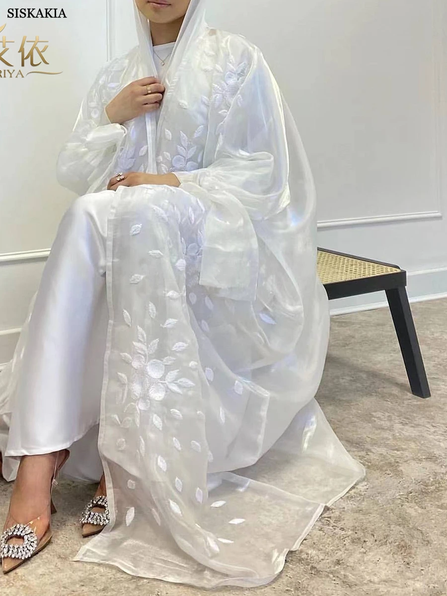 Siskakia Ramadan Plus Size White Mesh Embroidery Open Abayas For Female Puff Sleeve Kimono Dubai Turkey Kaftan Cardigan Robe