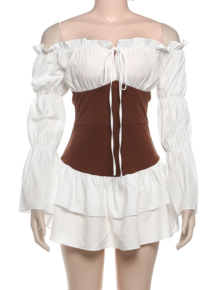 Estranho gato doce retalhos vestido feminino rendas até slash neck manga longa puff magro baixo aumento em camadas strecth elegante mini bodycon