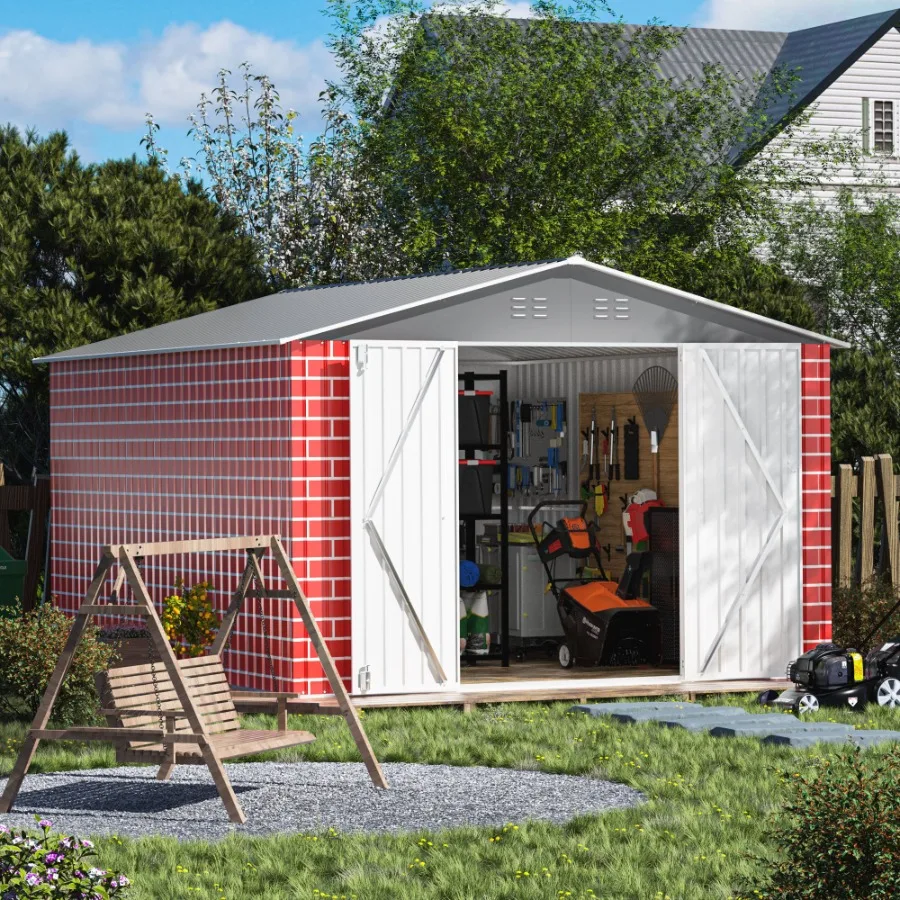 

12 x 8 Ft Outdoor Storage Shed Garden Tool Shed w Lockable Doors Vents Utility Metal Shed for Backyard Patio AllWeather Red Bri