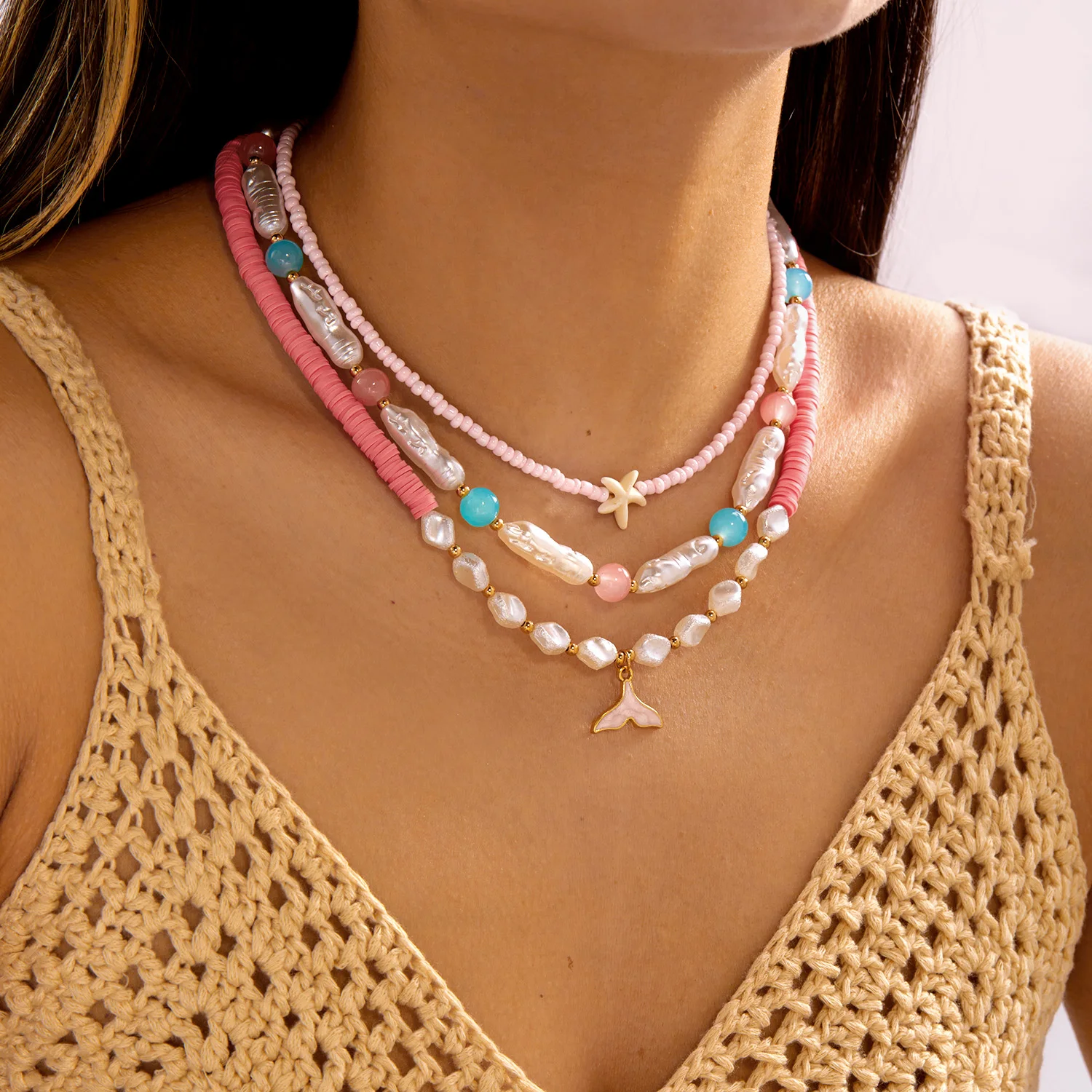 Böhmische Strandmuschel-Perlenkette für Frauen, handgefertigte Imitationsperlen-Kette mit Seestern-Anhänger, Urlaubsparty-Schmuck – Detail 2