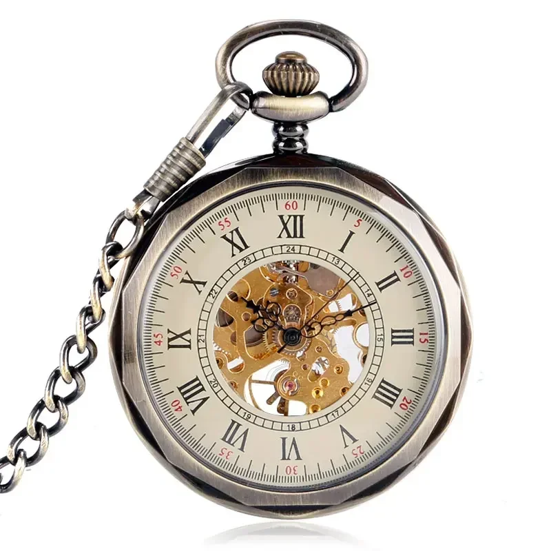 Steampunk Open Face Clock Men Women Skeleton Hand Winding Mechanical Pocket Watch with Pendant Chain Roman Number Timepiece