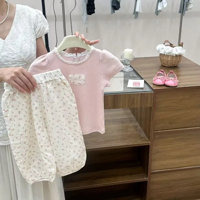 2026 Summer Floral Lantern Pants Sets with Lace Short Sleeve Soft Beige Floral Print Fresh and Gentle Complete Set Easy