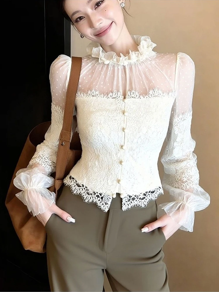 Camicie sexy patchwork in pizzo da donna manica lunga slim fit volant colletto alla coreana camicetta bottoni chic top da donna da ufficio a pois spessi
