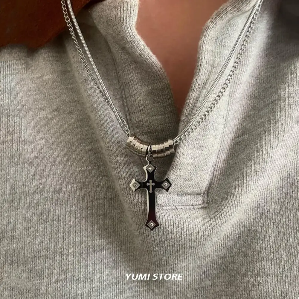 Titanium Steel Cross Double-layer Necklace For Man Woman Trend Sweater Chain Pendant Necklace Charm Jewelry Unisex Accessories