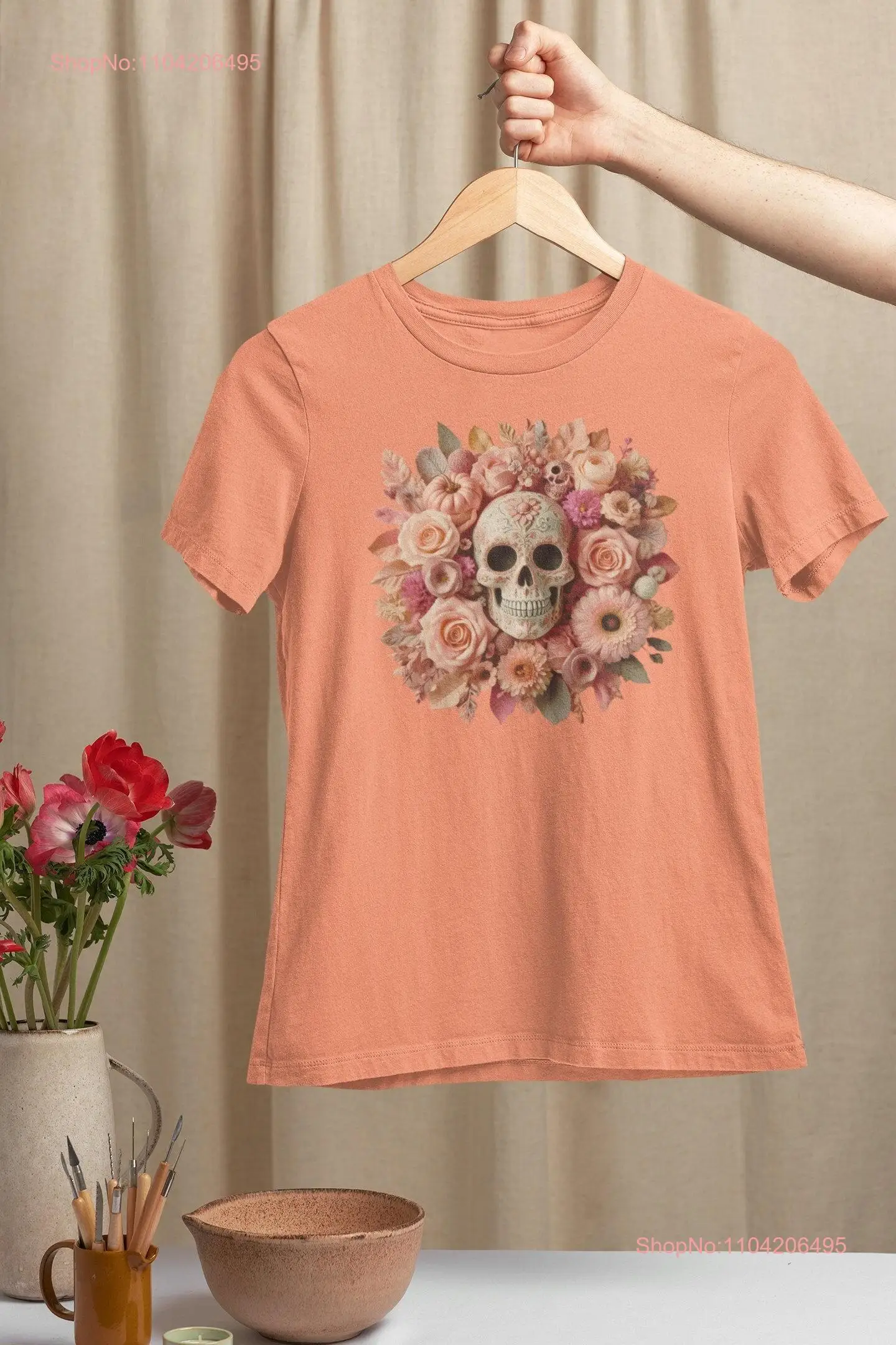 Spooky Halloween T Shirt Day of the Dead Skeleton Girls Skull Flowers long or short sleeves