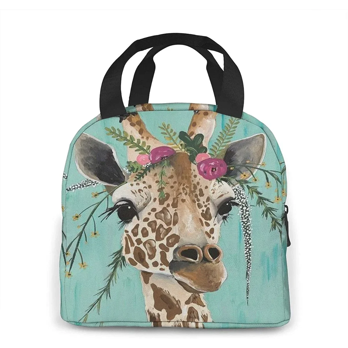 Giraffe With Floral Headpiece Lunch Box Reusable Insulated Lunch Bag Cooler Tote Box With Front Pocket Zipper Closure Women Men