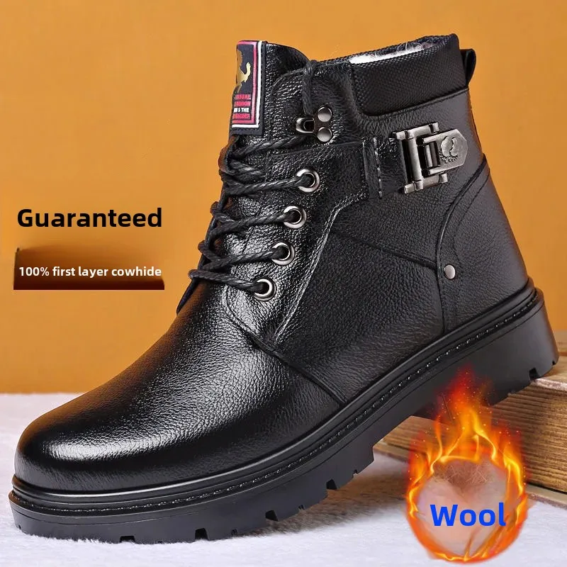 Winter Thickened Fleece-Lined Genuine Leather Men's Boots High Top Warm Cotton Shoes Casual Footwear Rubber Sole Chinese Made