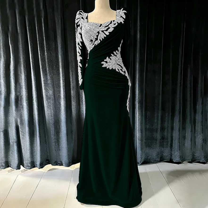 Green Velvet Long-sleeved Evening Dress Shining Beaded Woman Wedding Enagement Gowns Customized Formal Party Dresses image 3