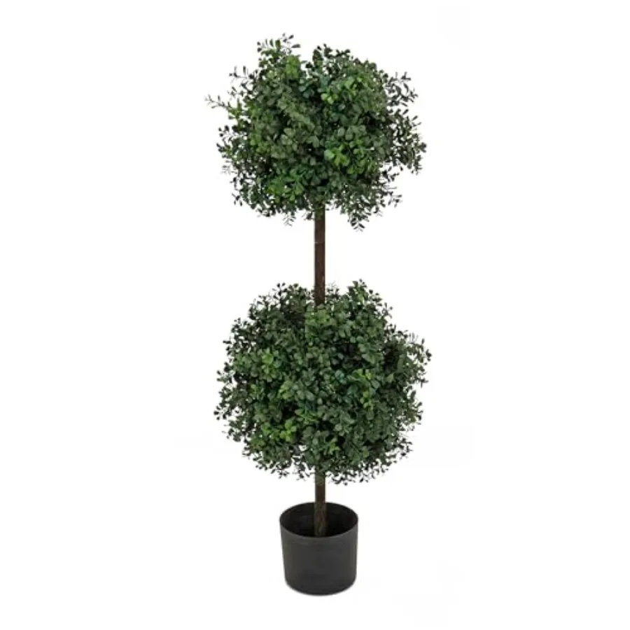46 Inch Artificial Boxwood Double Ball Topiary Tree for Indoor Outdoor Use, Premium PE Material, Matte Black Pot, Lifelike Text