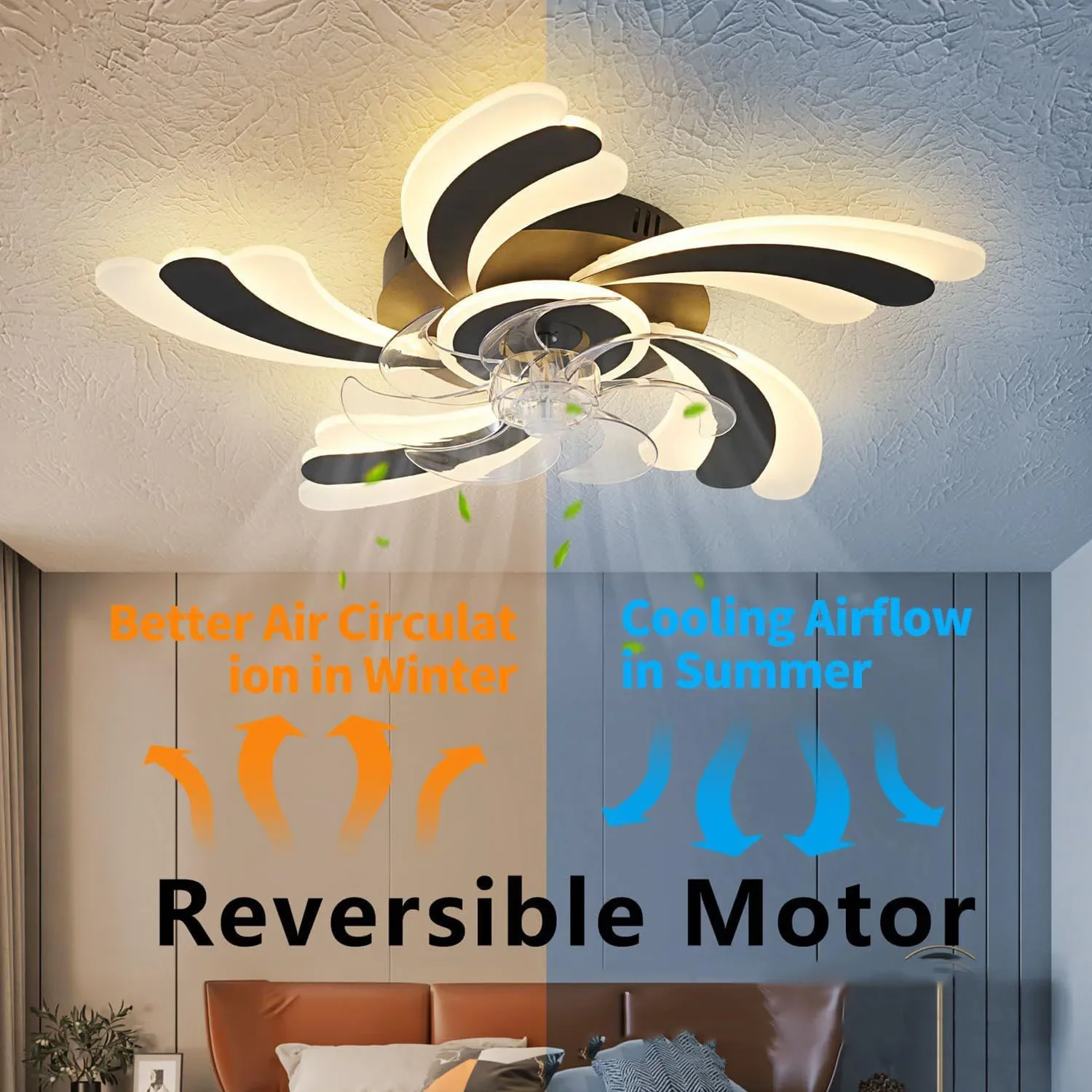 Creative Flower Shape Black White Ceiling Fan Light LED Ceiling Lamp Remote Control Bedroom Silent Electric Fan Lamp Ventilators