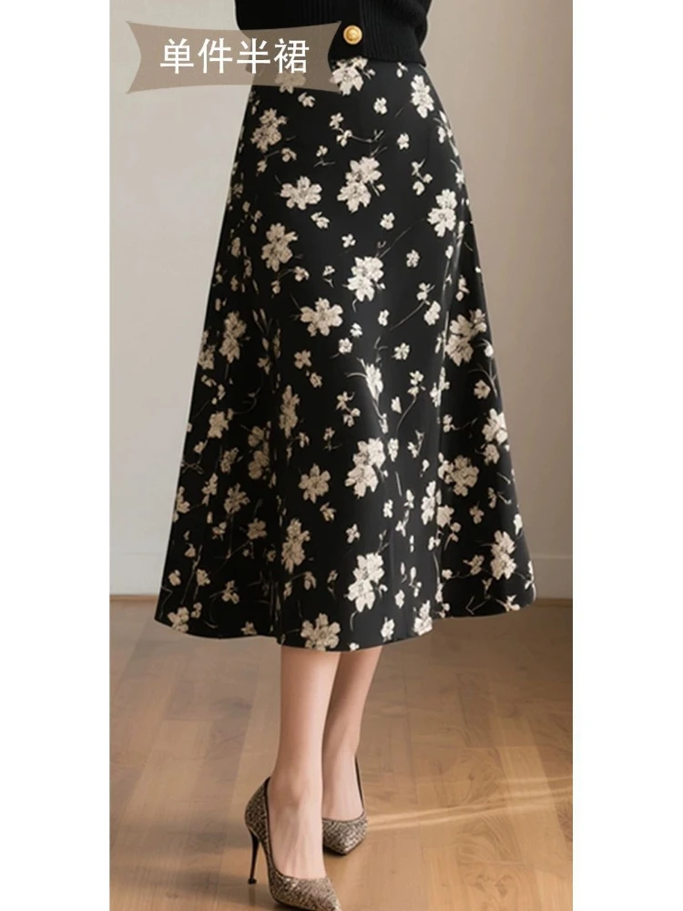 European retro French Flower Black Skirts knee Length A-line Aesthetic Skirt High Waist Autumn Winter Dress Office Lady Elegant