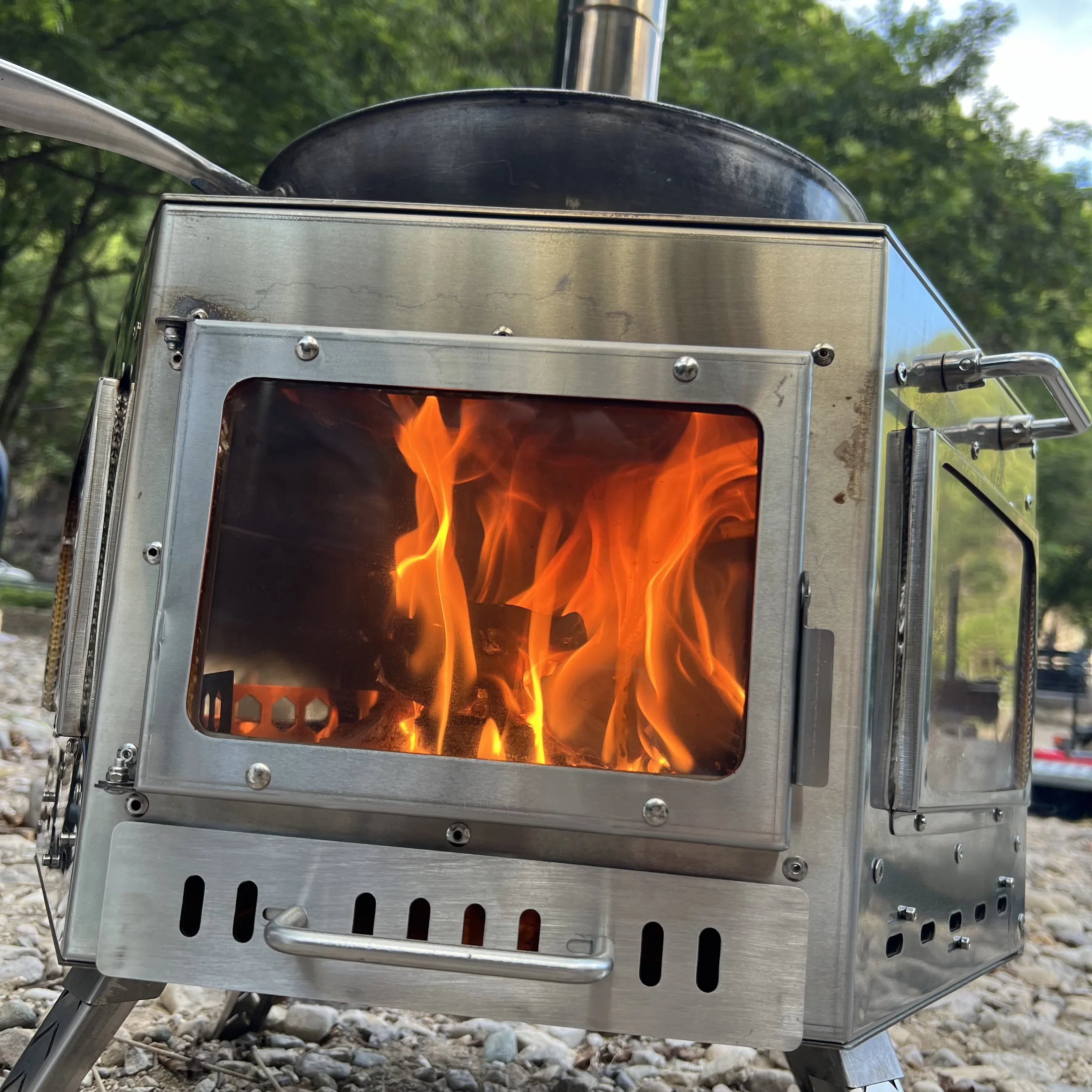 Por Hexagonal Wood Burning Tent Stoe 304 Stainless Steel Hot Tent Camping Heater with Chimney Pipe and Glass Window