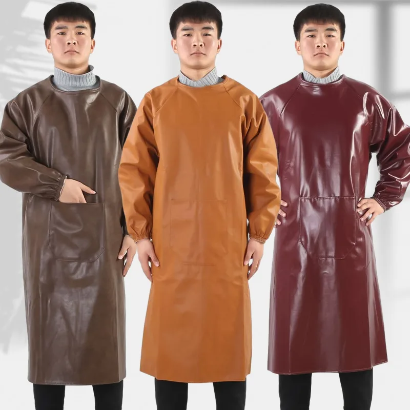 

Thickened Wear-Resistant Leather Work Protective Adult PU Waterproof Long-Sleeve Apron for Household or Seafood Use, Reversible