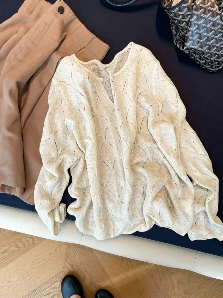 Summer Lightweight Hollow Ice Silk Knitted Shirt Women's Outerwear Thin Sun Protection Loose Relaxing Air Conditioning Shirt
