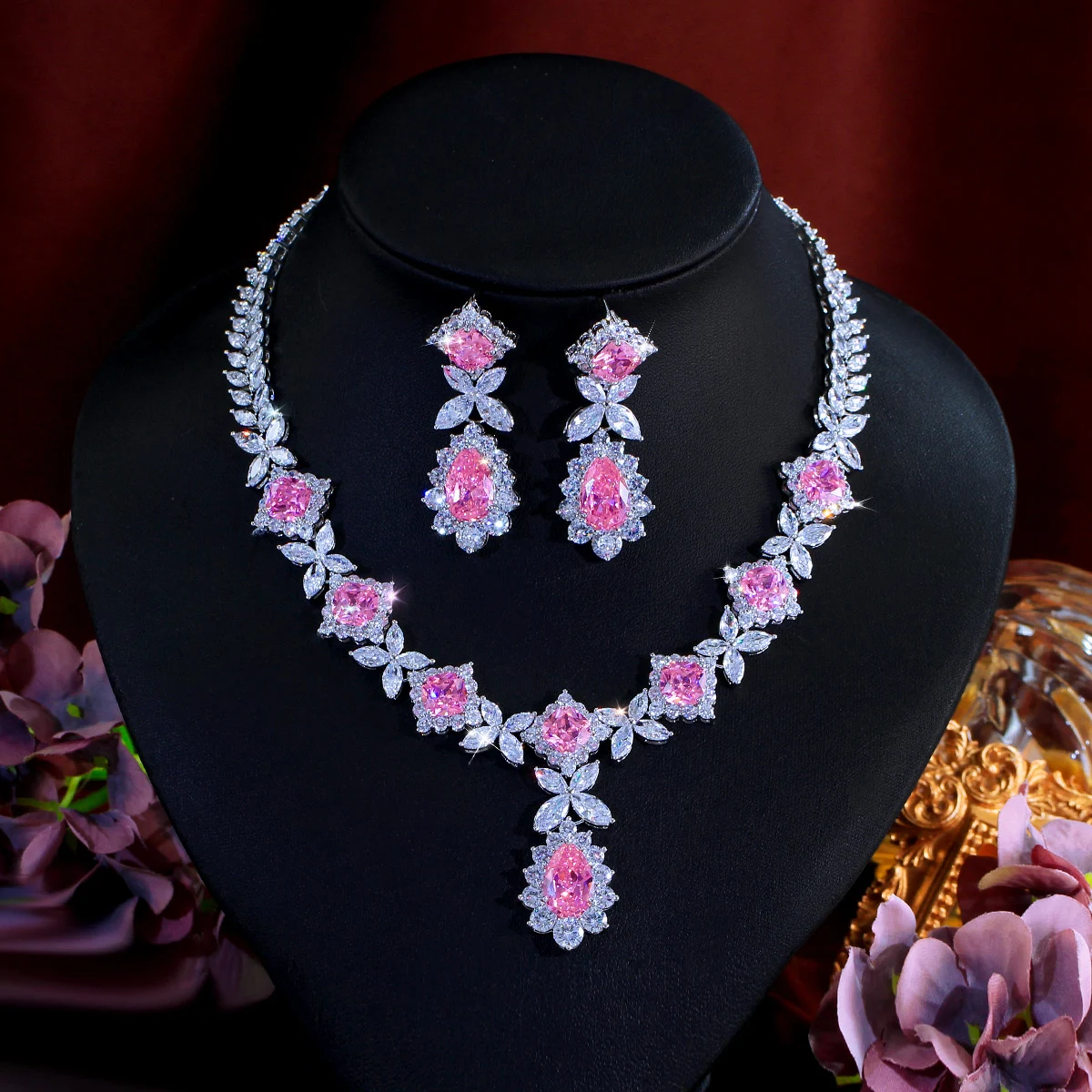 

CWWZircons Luxury Super Gorgeous Leaf Drop Pink Cubic Zirconia Wedding Bridal Necklace Earrings Top Jewelry Sets for Women T0934