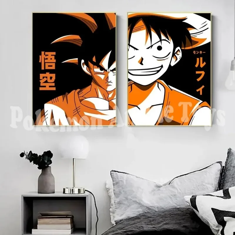 Bandai Anime Dragon Ball Goku and One Piece Luffy Canvas Painting Wall Art Poster Print Picture for Room Home Bedroom Decoration