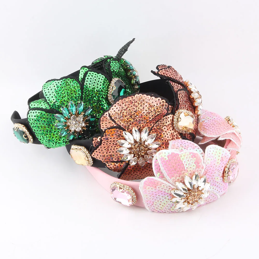 Smart Casual Baroque Handmade Sequin Big Flower Headbands Fashion Hair Accessories  Party Shiny Hairband  For Women Wedding 1013