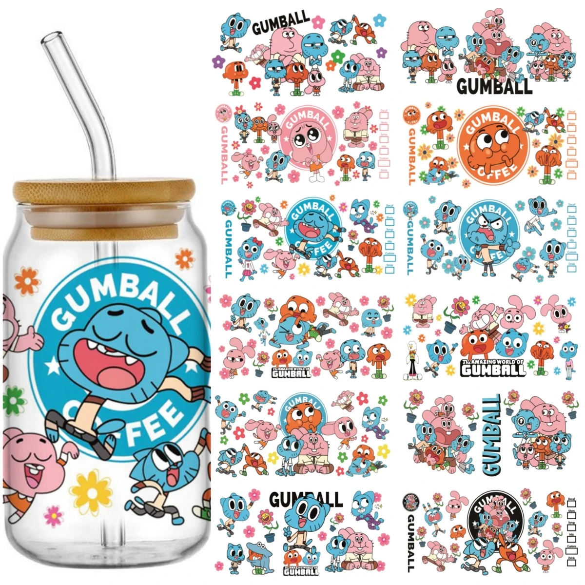 جديد الأشعة فوق البنفسجية DTF كأس التفاف لطيف Gumball نقل ملصقات ثلاثية الأبعاد ل 16 أوقية Libbey الزجاج يمكن بهلوان ذاتية اللصق مقاوم للماء الشارات بالجملة