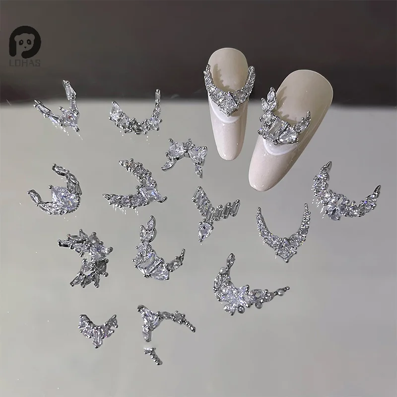 1PCS Sparkle Zircon Crescent Shape Pendant Silver Alloy Nail Art Rhinestones Jewel Decorations Manicure Ornaments
