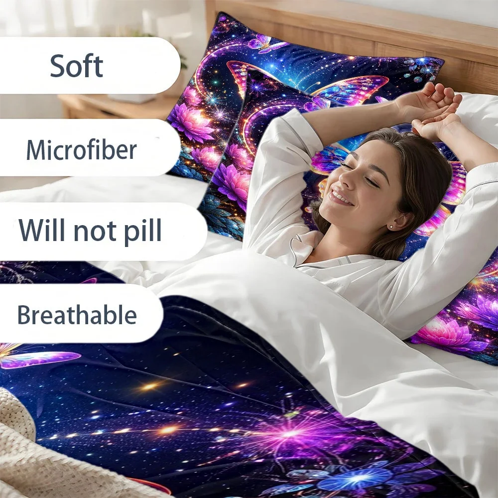 3Pc Dreamy Starry Sky Butterfly Floral Duvet Cover Set, Three-Piece Bedding Set (1*Duvet Cover + 2*Pillowcases), Suitable for All Seasons, Machine Washable, Invisible Zipper Design, Large Double Bed Cover, Suitable for Home, Dormitory, Master Bedroom, Guest Room, Colorful Light-Effect Butterfly Floral Bedding Set, Beautiful Dreamy Style Bedding with 2D Flat Print