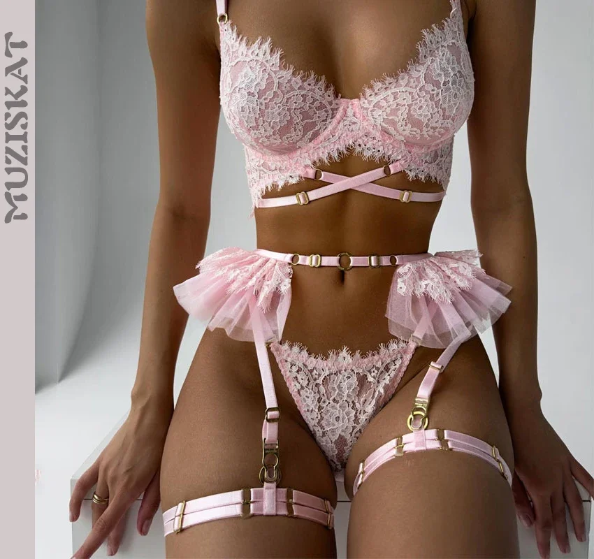 

MUZISKAT 2024 New Hot Sale Erotic Set Lace Pleated Skirt Swing Garter Sexy Lingerie Four-Piece Set
