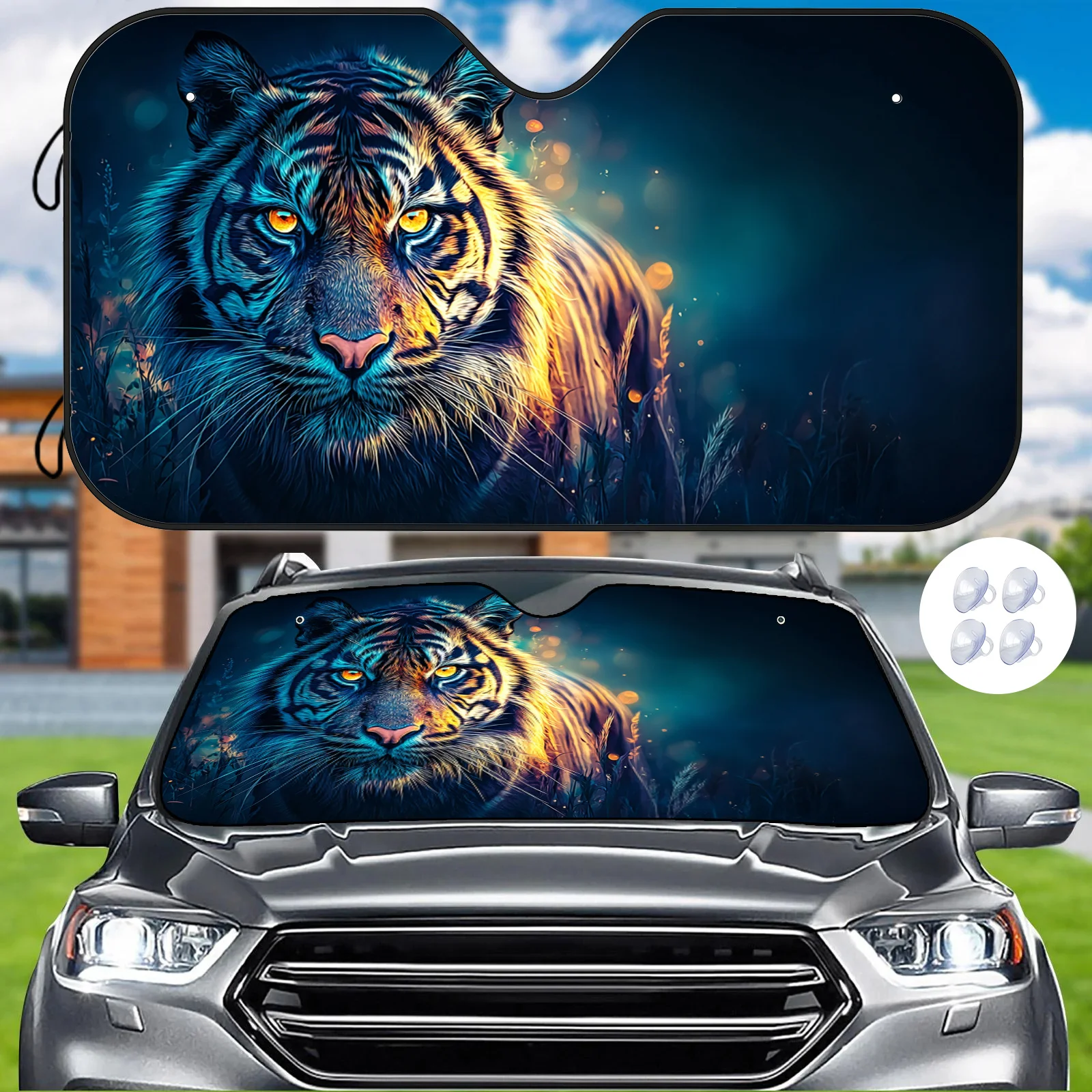 Glow-in-the-Dark Jungle Tiger Car Sun Visor, Mysterious Atmosphere Illustration, Heat Insulation And Cold Retention To Stabilize
