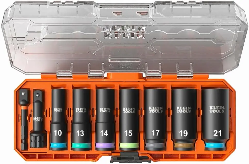 

9-Piece Deep-Well Impact Socket Set, Metric 10-21mm with Impact Driver Adapter and Color-Coded Organizer