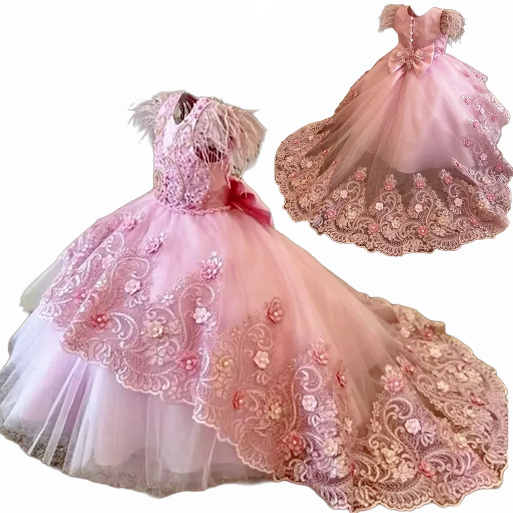 

Gorgeous Sleeveless Lace Embossed Bow Wedding Dresses Princess Flower Girl Dress Kids Birthday Beauty Pageant Evening Gowns