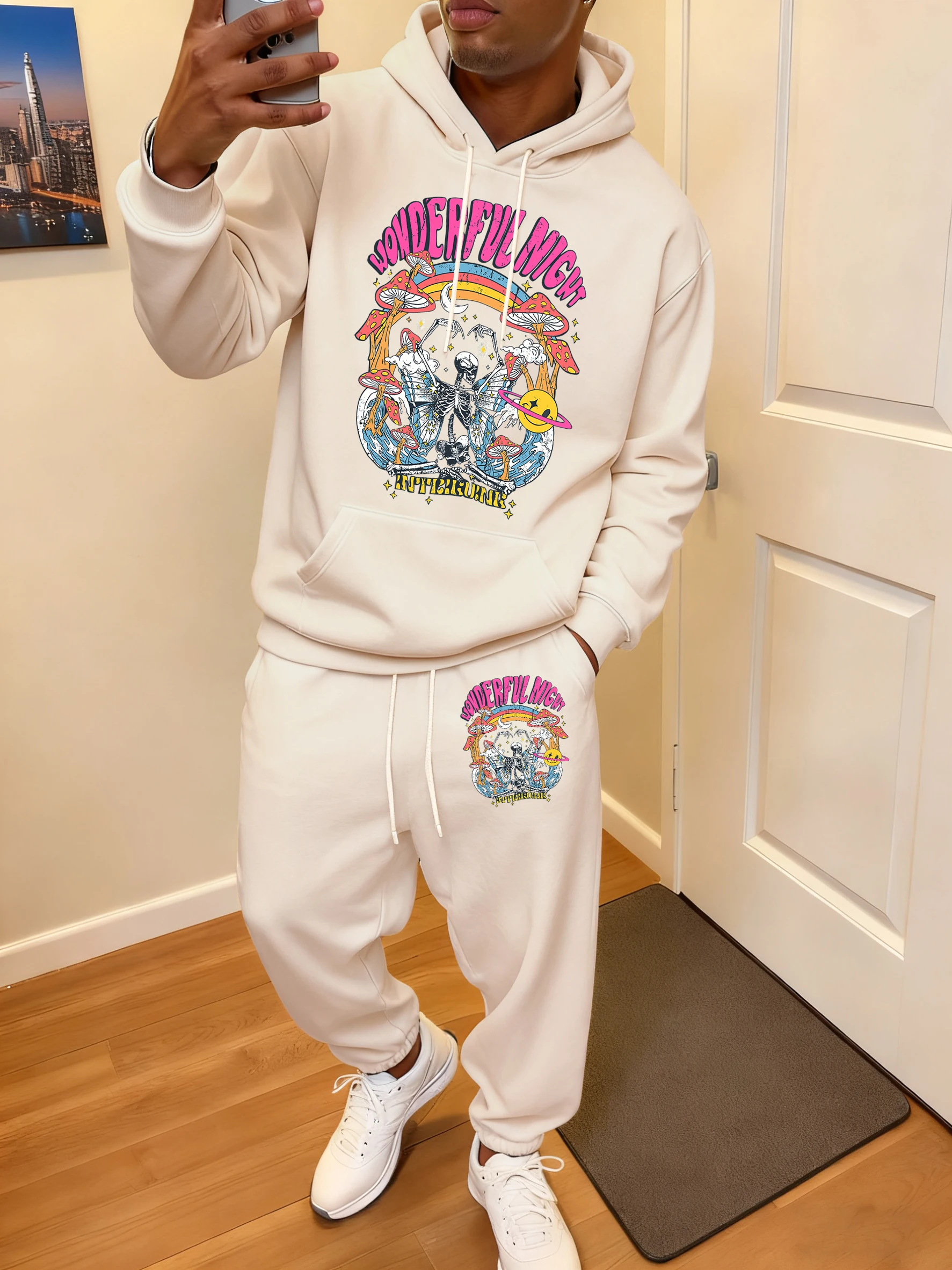 

Wonderful Night Skeleton Butterfly Wave Prints Hoody Set Men Sport Casual Pullover Fleece Warm Jogging Pants Autumn Soft Clothes