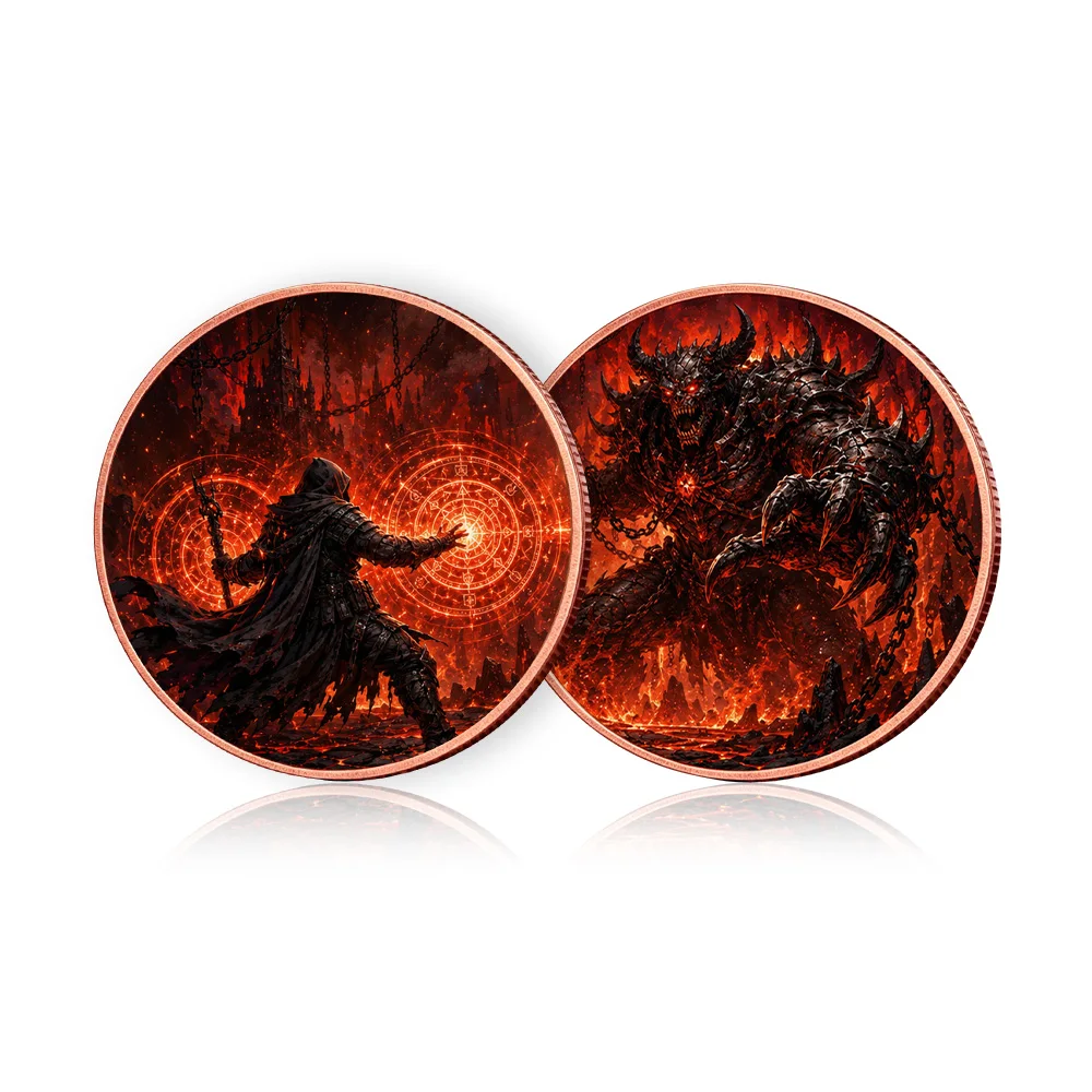1oz .999 Fine Copper Coin Connected Twin Round Seamless Hell Mage Vs Horned Demon Lava Dark Castle Challenge Coins Decor Gift