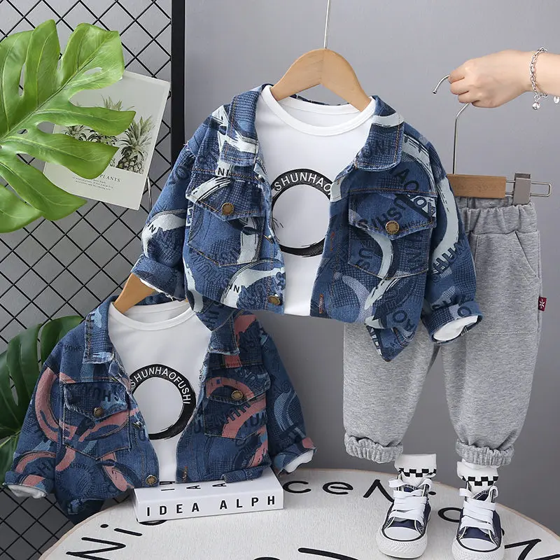 

New Spring Autumn Children Boys Clothes Kids Clothing Printe Denim Coat T-shirt Pants 3pcs/Set Infant Cotton Tracksuits 0-5 Year