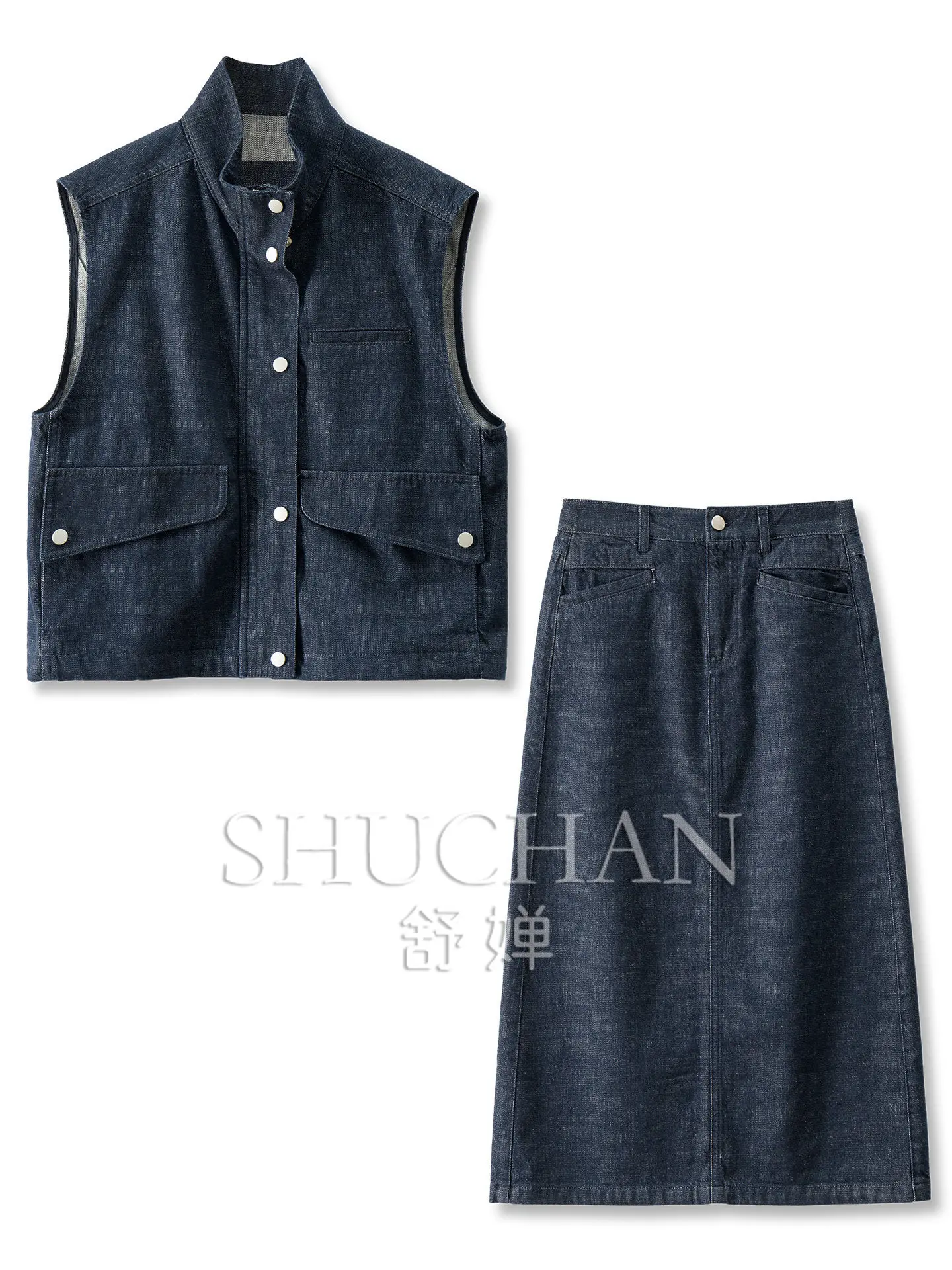 Two Piece Sets Womens Outifits Medieval Denim Blue Magic Handsome Tooling Cotton Vest Jacket + Skirt Set  Women 57G2