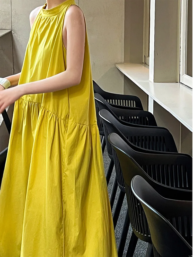 LANMREM Casual Long Dress For Women Sleeveless Neck Hanging Solid Color Loose Dresses 2024 Female Summer New Clothing 2Z1310