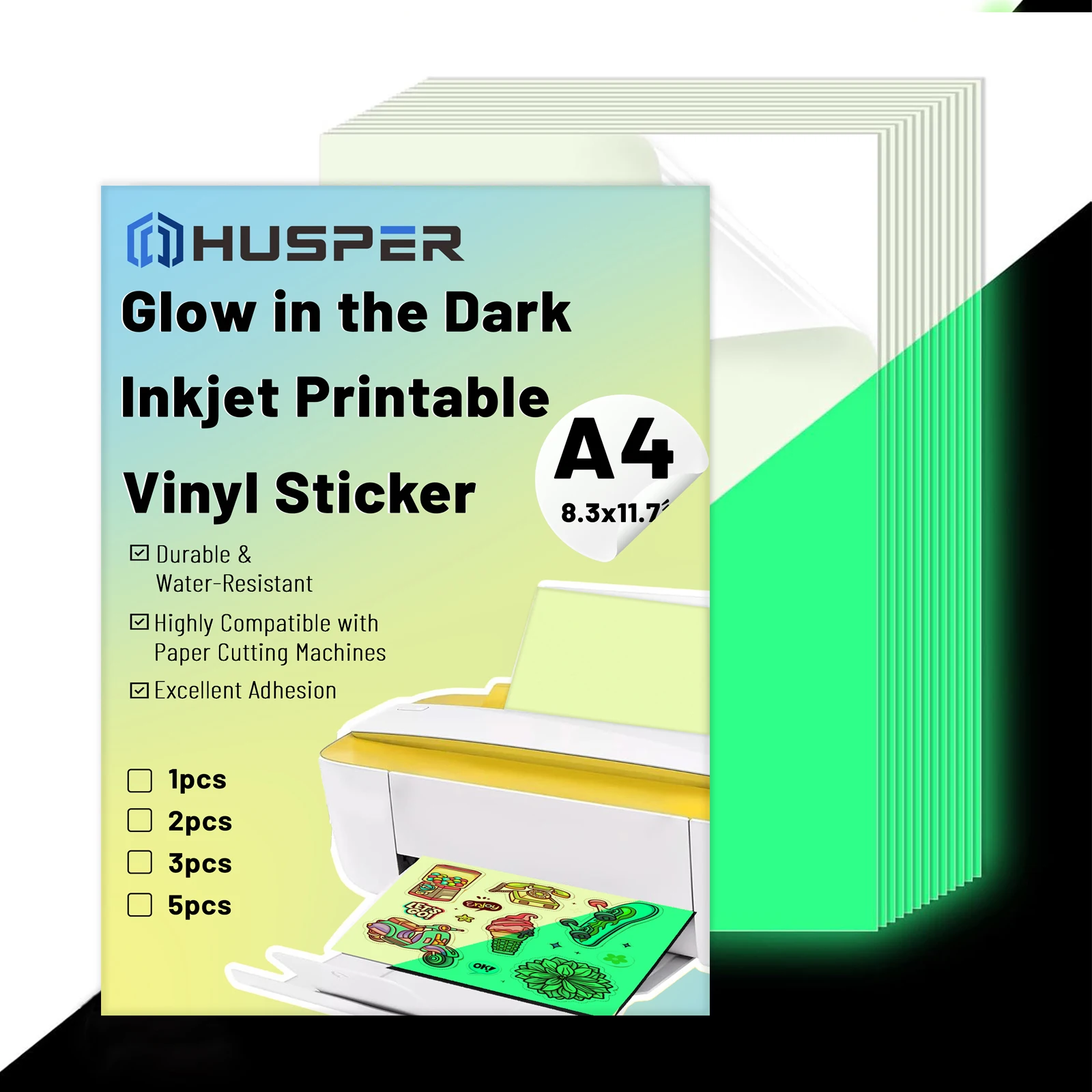 A4 1/2/3/5 Sheet Glow in The Dark Printable Inkjet Vinyl Sticker Paper Self-Adhesive Waterproof Label for Inkjet Printers