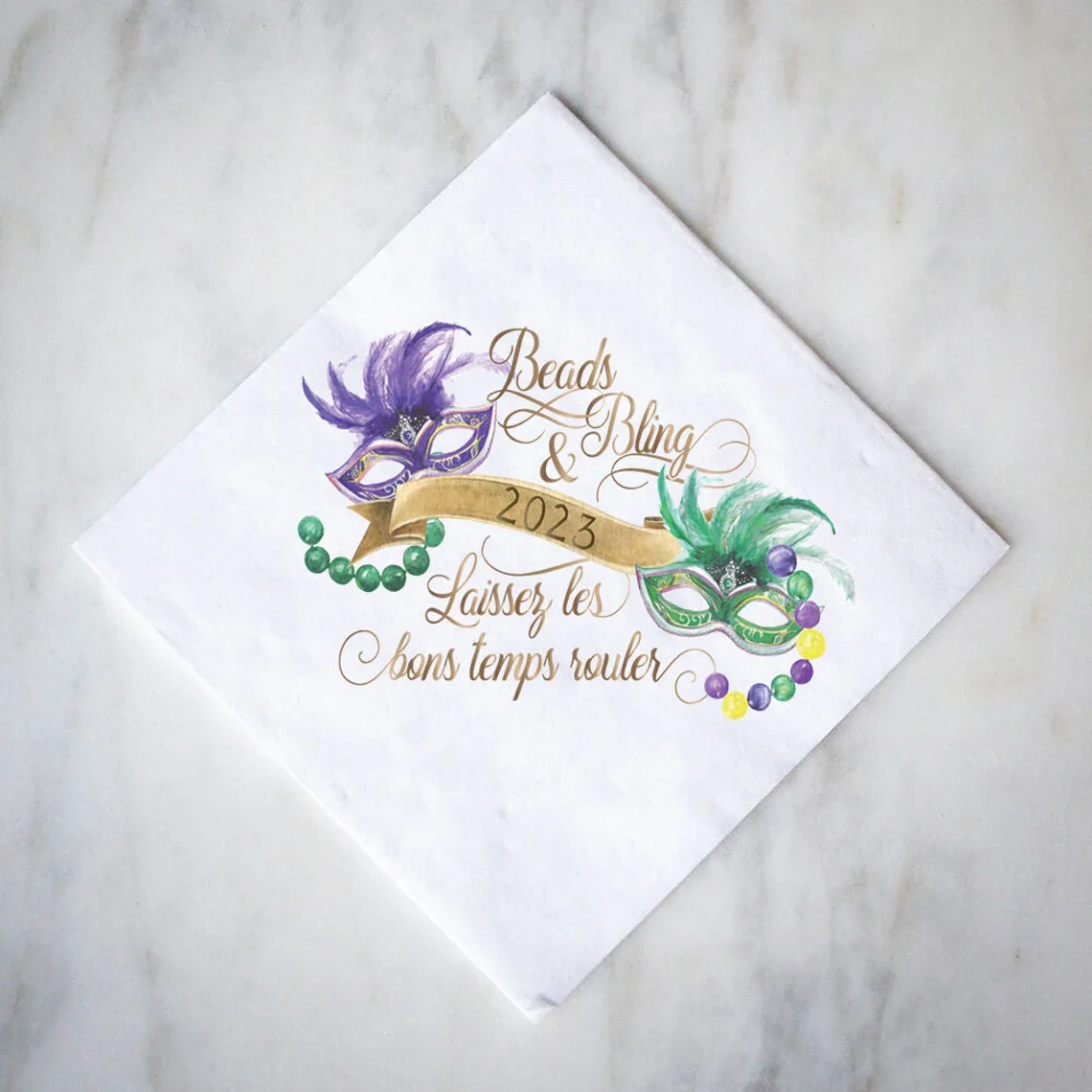 Beads And Bling Mardi Gras Full Color Napkins, Digitally Printed Full Color Napkin, Mardi Gras Themed Events, Vibrant Full Color