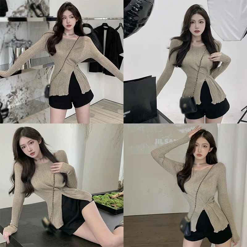 New One Shoulder Knit Slim Fit Irregular T Shirt Korean Y2K Crop Tops Ruched Long Sleeve Tees Shirt