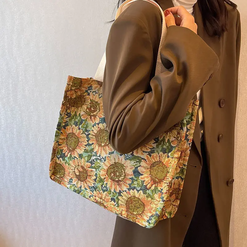 Shoulder Bags For Women High Capacity 2023 New Korean Canvas Class Commuting Tote Solid Color Sunflower Printed Vintage Style